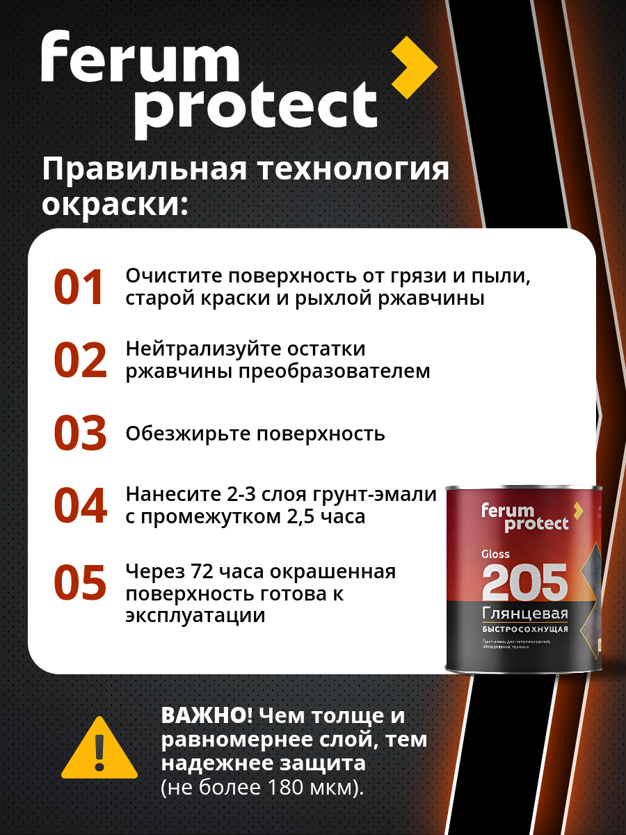 Эмаль-грунт FERUMPROTECT-205 глянцевая алкидная ferumprotect, цвет Черный, фасовка 0,8 кг: для наружных работ, по штукатурке