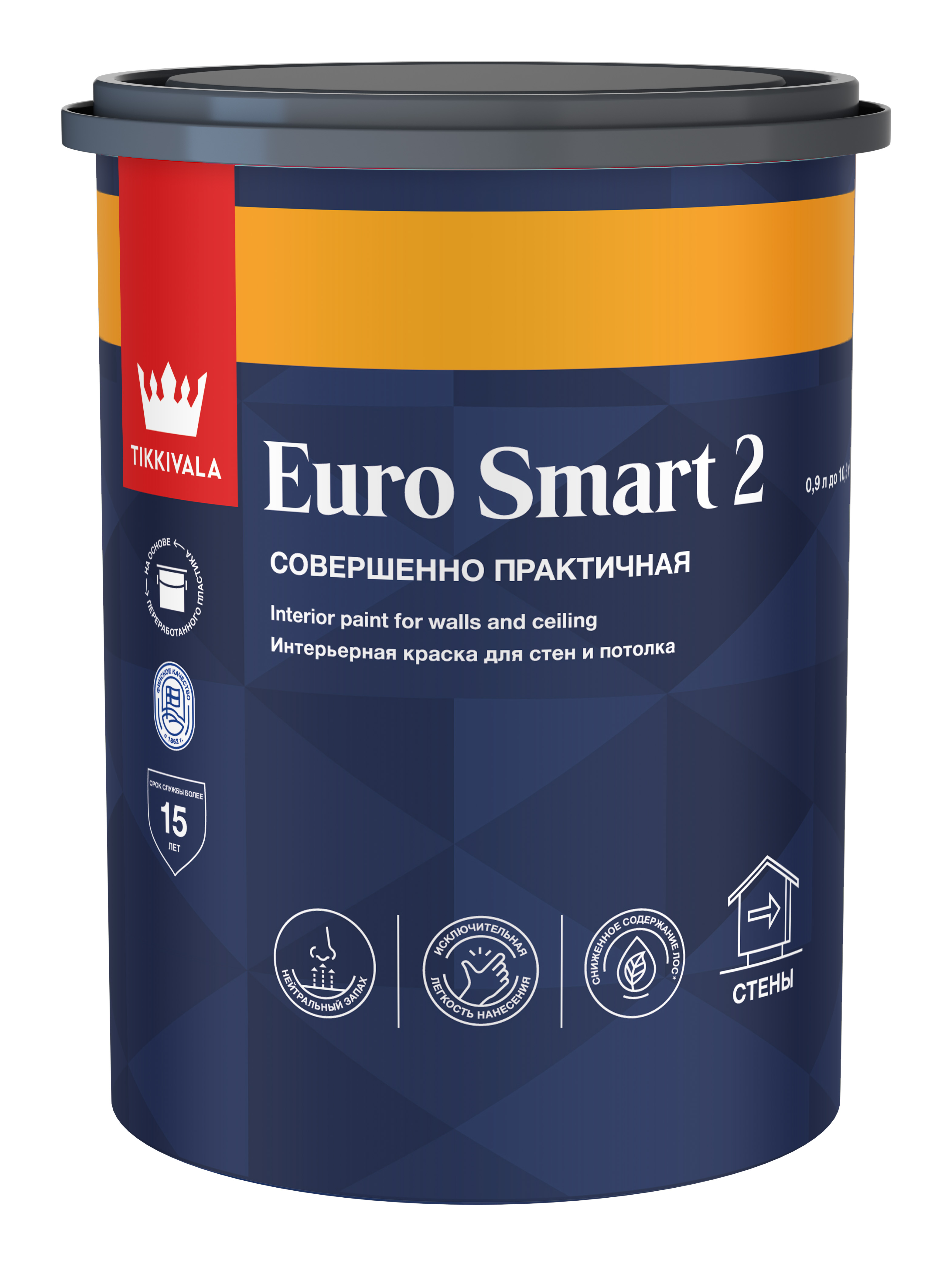 Глубокоматовая интерьерная краска EURO SMART 2 — лакокрасочное покрытие Tikkivala, Белый, 0,9л, для внутренних работ