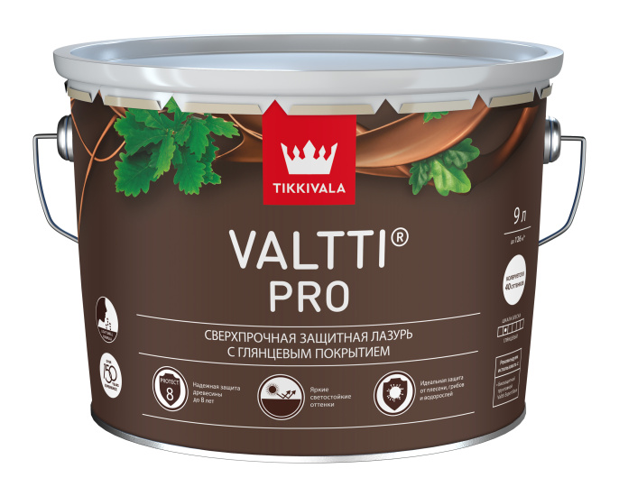 Сверхпрочная глянцевая лазурь VALTTI PRO Tikkivala 9 л, Орех,