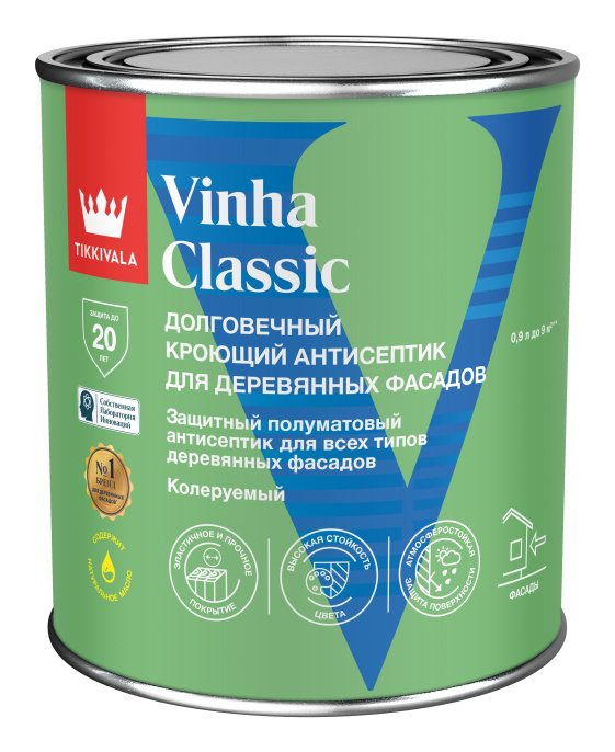 Кроющий антисептик Vinha Classic Tikkivala, цвет Белый, фасовка 0,9 л: для наружных работ, по штукатурке