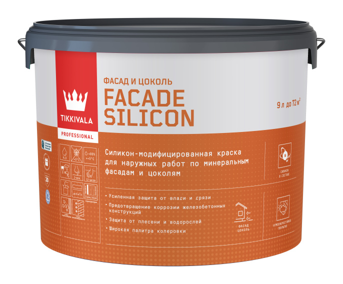 Tikkivala Фасадная краска Facade Silicon (гл/мат), Белый, 9л — краска силиконовая, паропроницаемая, матовая, колеруемая для фасада