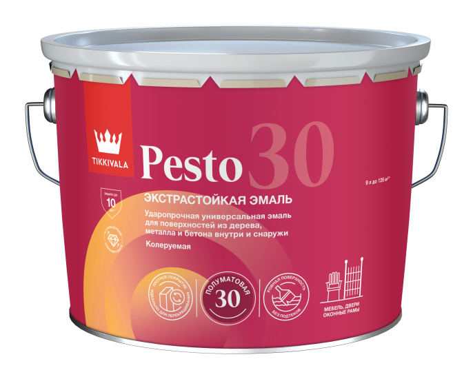 Эмаль универсальная PESTO 30 (полумат), Белый, 9л, Tikkivala — купить для фасада